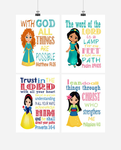 Princess Christian Nursery Decor Set of 4 Prints, Snow White, Merida, Jasmine and Mulan with Bible Verses