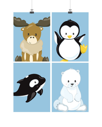 Arctic Animals Nursery Art Print Set of 4 - Moose, Penguin, Orca and Polar Bear