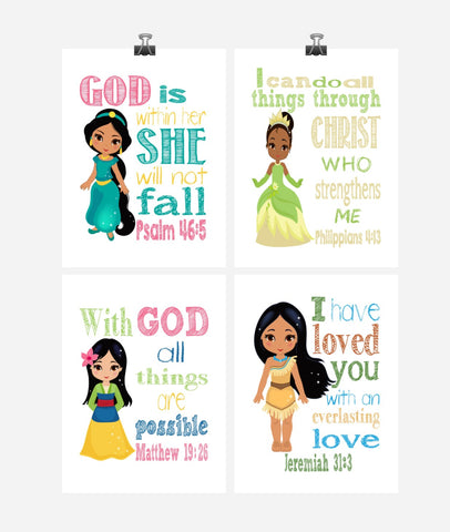Princess Christian Nursery Decor Set of 4 Prints, Jasmine, Tiana, Mulan and Pocahontas with Bible Verses
