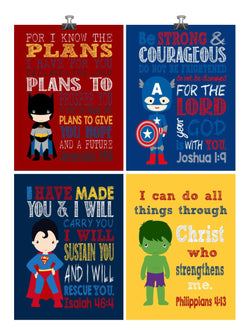 Christian Superhero Nursery Decor Art Print Set of 4 -Batman, Captain America, Superman and Hulk