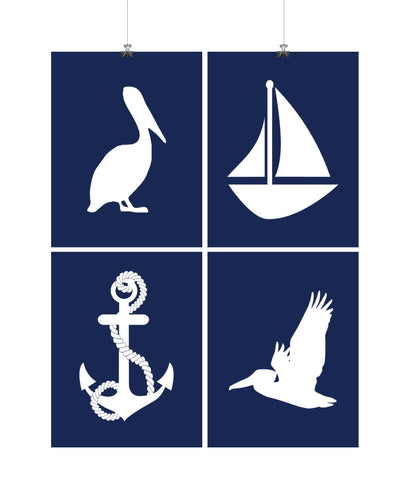 Nautical Nursery Art Home Decor Print Set of 4 - Navy Blue Pelican Sailboat Anchor