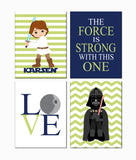 Personalized Space Wars Nursery Decor Set of 4 Prints, The Force Is Strong With This One, Luke Skywalker and Darth Vader in Sage, Navy and White