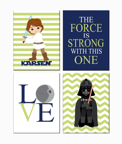 Personalized Space Wars Nursery Decor Set of 4 Prints, The Force Is Strong With This One, Luke Skywalker and Darth Vader in Sage, Navy and White