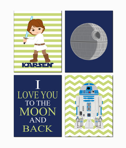 Personalized Space Wars Nursery Decor Set of 4 Prints, I Love You to the Moon and Back, Luke Skywalker and R2D2 in Sage, Navy and White