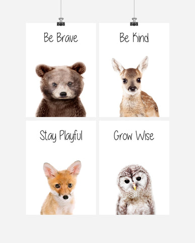 Woodland Nursery Art Set of 4 Prints - Stay Playful, Be Brave, Grow Wise, Be Kind