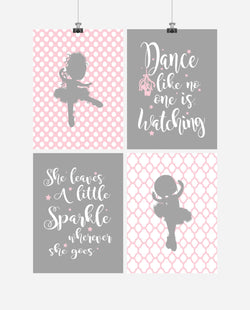 Ballerina Inspirational Nursery Decor Set of 4 Prints - Dance and Sparkle quotes