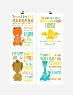 Dinosaur Christian Nursery Decor Set of 4 - Tyrannosaurus Rex, Plesiosaur, Woolly Mammoth, and Pterodactyl