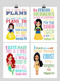 Princess Set of 4 - Christian Nursery Decor Wall Art Print - Snow White, Mulan, Ariel and Pocahontas - Bible Verse - Multiple Sizes