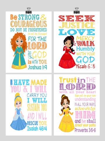 Princess Set of 4 - Christian Nursery Decor Wall Art Print - Cinderella, Merida, Elena and Belle - Bible Verse - Multiple Sizes