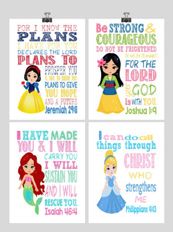 Princess Christian Nursery Decor Set of 4 Unframed Prints Snow White, Mulan, Ariel and Cinderella with Bible Verses