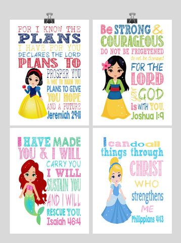 Princess Christian Nursery Decor Set of 4 Unframed Prints Snow White, Mulan, Ariel and Cinderella with Bible Verses