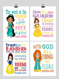 Princess Christian Nursery Decor Set of 4 Unframed Prints Mulan, Belle, Snow White and Merida with Bible Verses