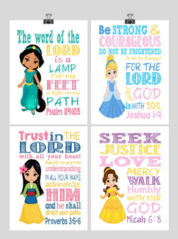 Princess Christian Nursery Decor Set of 4 Unframed Prints Jasmine, Cinderella, Mulan and Belle with Bible Verses