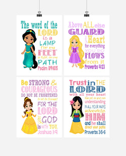 Princess Christian Nursery Decor Set of 4 Prints, Rapunzel, Jasmine, Belle and Mulan with Bible Verses