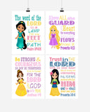 Princess Christian Nursery Decor Set of 4 Prints, Rapunzel, Jasmine, Belle and Mulan with Bible Verses