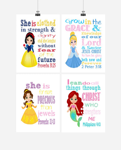 Princess Christian Nursery Decor Set of 4 Prints- Snow White, Cinderella, Belle, Ariel