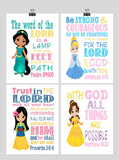Princess Christian Nursery Decor Set of 4 Prints, Cinderella, Jasmine, Belle, Mulan with Bible Verses