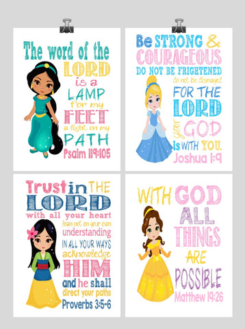 Princess Christian Nursery Decor Set of 4 Prints, Cinderella, Jasmine, Belle, Mulan with Bible Verses