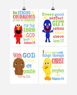 Sesame Street Christian Nursery Decor Set of 4 Prints, Big Bird, Grover, Elmo and Snuffleupagus with Bible Verses
