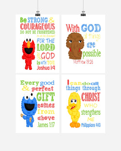 Sesame Street Christian Nursery Decor Set of 4 Prints, Big Bird, Cookie Monster, Elmo and Snuffleupagus with Bible Verses