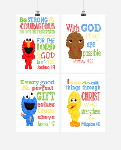 Sesame Street Christian Nursery Decor Set of 4 Prints, Big Bird, Cookie Monster, Elmo and Snuffleupagus with Bible Verses