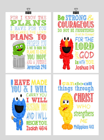 Sesame Street Christian Nursery Decor Set of 4 Prints, Big Bird, Cookie Monster, Elmo and Oscar the Grouch with Bible Verses