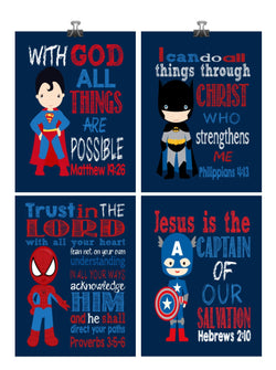 Superhero Christian Nursery Decor Art Print Set of 4 - Superman, Batman, Spider-Man and Captain America