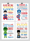 Superhero Christian Nursery Decor Print Set of 4, Superman, Captain America, Hulk and Batman