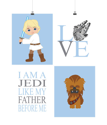Star Wars Nursery Decor Set of 4 Prints, Luke Skywalker, Chewbacca, Love, I Am A Jedi Like My Father Before Me