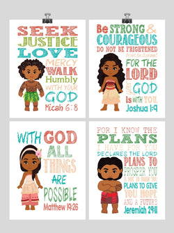 Moana Christian Nursery Decor Set of 4 Unframed Prints Moana, Tui, Maui and Sina with Bible Verses