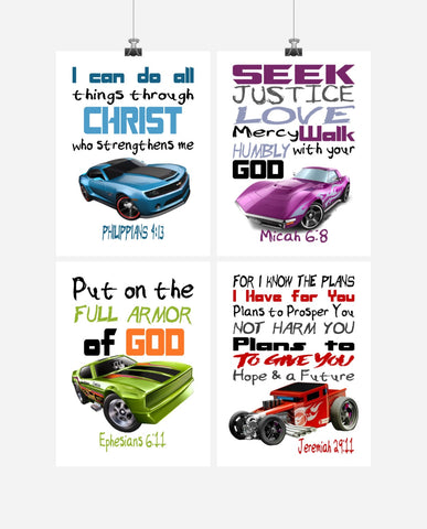 Hotwheels Muscle Cars Christian Nursery Decor Wall Art Set of 4 Prints