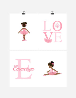 African American Ballerina Personalized Monogram Nursery Decor Set of 4 Prints