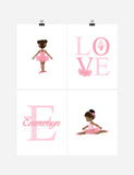 African American Ballerina Personalized Monogram Nursery Decor Set of 4 Prints