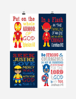 African American Christian Superhero Nursery Print Set of 4 - Ironman, Flash, Wolverine and Captain America with Bible Verses