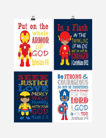 African American Christian Superhero Nursery Set of 4 Unframed Prints Ironman Flash Wolverine and Captain America with Bible Verses