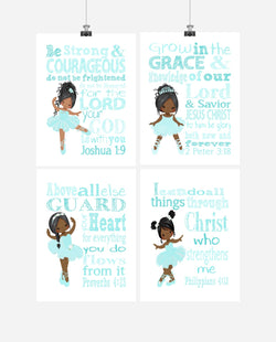 African American Ballerina Christian Nursery Decor Wall Art Set of 4 Prints with Bible Verses