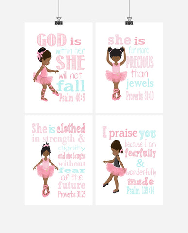 African American Ballerina Christian Nursery Decor Set of 4 Prints with Bible Verses