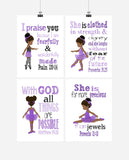 African American Ballerina Christian Nursery Decor Set of 4 Prints in Lavender Purple