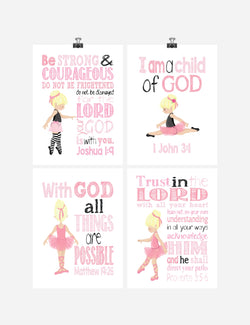 Ballerina Christian Nursery Decor Wall Art Set of 4 Prints - Blonde Haired Ballerinas