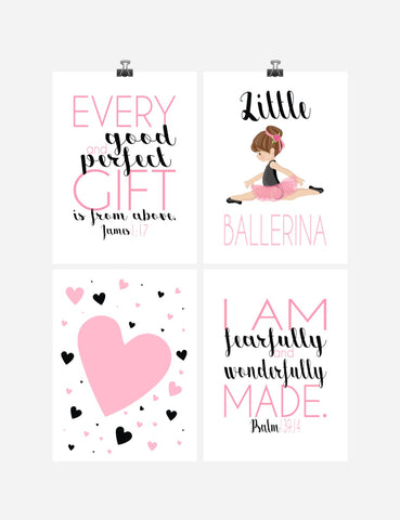 Ballerina Christian Nursery Decor Set of 4 Prints with Bible Verses
