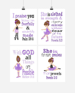 Ballerina Christian Nursery Decor Set of 4 Prints in Lavender Purple