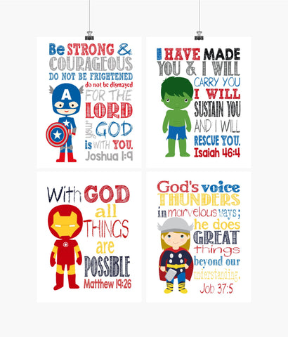Superhero Christian Nursery Set of 4 Prints Captain America, Iron Man, Thor and Hulk