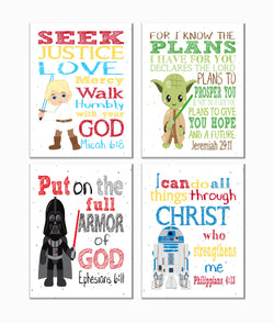 Space Wars Christian Nursery Decor Set of 4 Prints, Luke Skywalker, Yoda, Darth Vader and R2D2