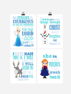 Christian Frozen Nursery Decor Set of 4 Unframed Prints Princess Elsa, Anna, Sven and Olaf