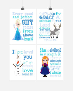 Frozen Christian Nursery Decor Set of 4 Unframed Prints, Princess Elsa, Anna, Sven and Olaf