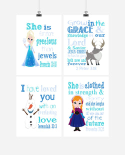 Frozen Christian Nursery Decor Set of 4 Unframed Prints Princess Elsa, Anna, Sven and Olaf with Bible Verses