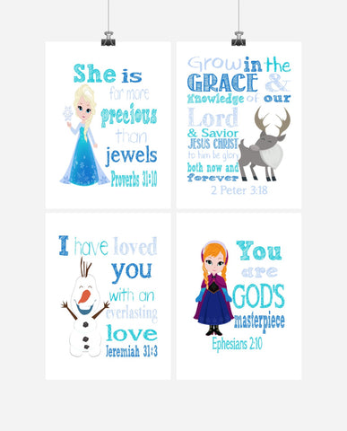 Frozen Christian Nursery Decor Set of 4 Prints, Princess Elsa, Anna, Sven and Olaf