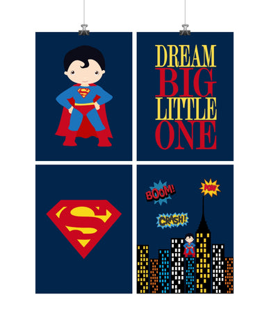 Superhero Set of 4 Nursery Prints - Superman, Dream Big Little One