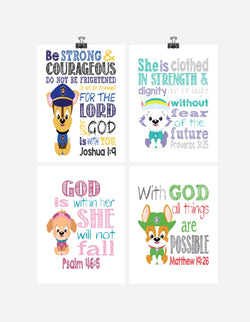 Paw Patrol Nursery Decor Art Print Set of 4 - Chase, Everest, Tracker and Skye with Bible Verses