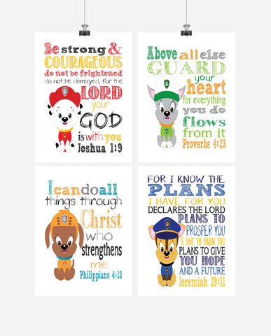 Paw Patrol Nursery Decor Art Print Set of 4 - Chase, Marshall, Zuma and Tracker with Bible Verses